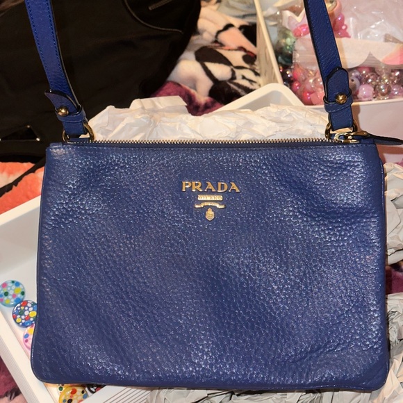 Prada Cornflower Blue Vitello Phoenix Bandoliera Leather Crossbody beautiful con - Picture 2 of 7